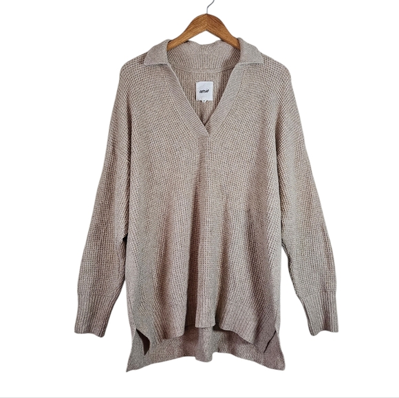 Aerie CozyUp Oversized Waffle Knit Polo Pullover Sweater, Light Beige Size S - Picture 1 of 9